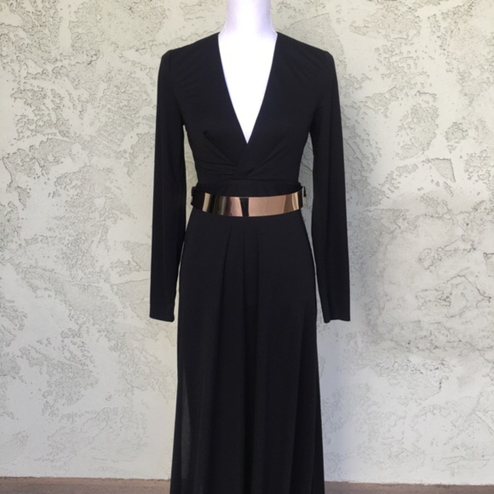 Long sleeve black dress gown with slit and metal belt